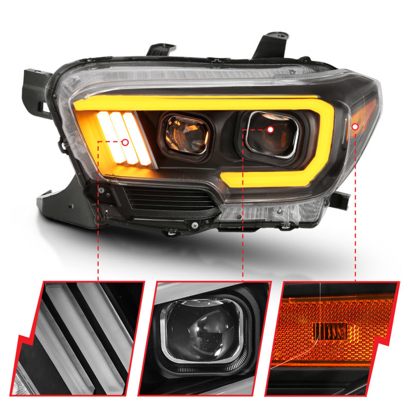 ANZO 2016-2017 Toyota Tacoma Proyector Faros delanteros con estilo de tablón Switchback negro con ámbar