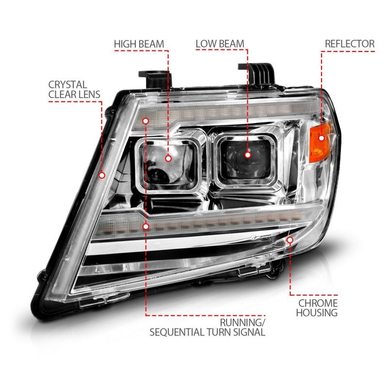 ANZO 09-20 Nissan Frontier Proyector cromado estilo tablón DRL con interruptor y LED DRL secuencial