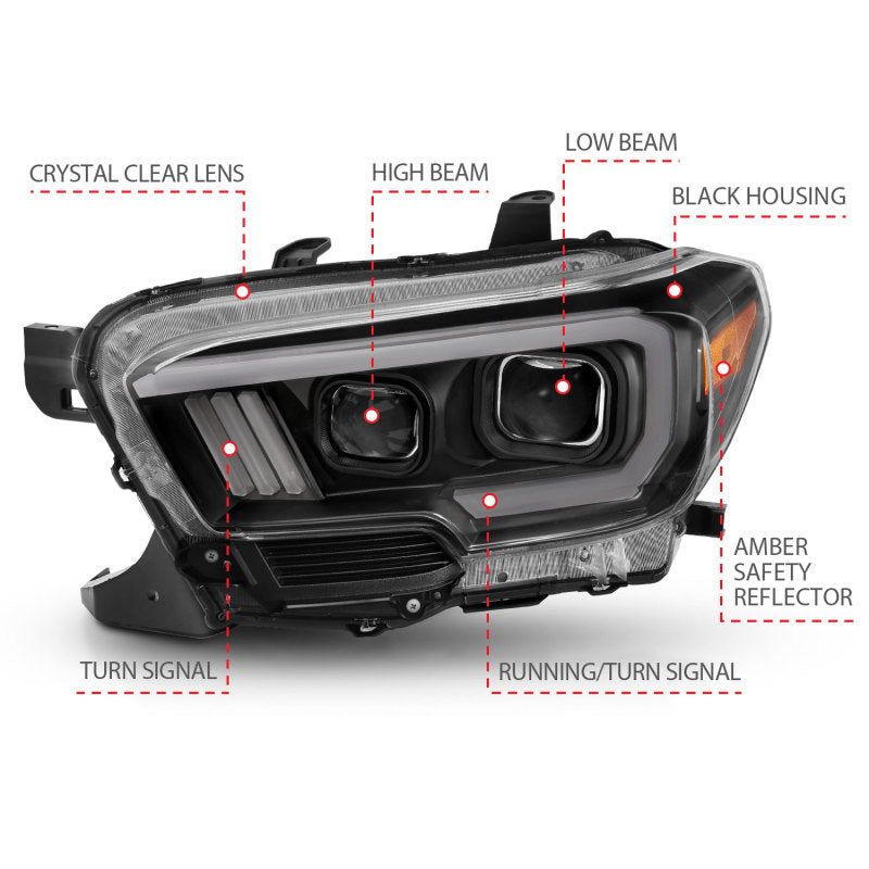 ANZO 2016-2017 Toyota Tacoma Faros delanteros tipo proyector con interruptor estilo tablón negro con ámbar y DRL