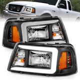 ANZO Faros delanteros de cristal para Ford Ranger 2001-2011 con barra de luz, carcasa negra