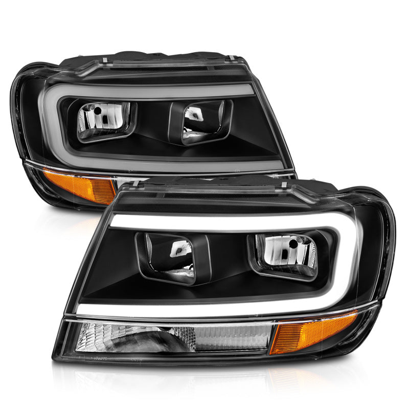 Faros delanteros de cristal ANZO 99-04 Jeep Grand Cherokee - con barra de luz y carcasa negra