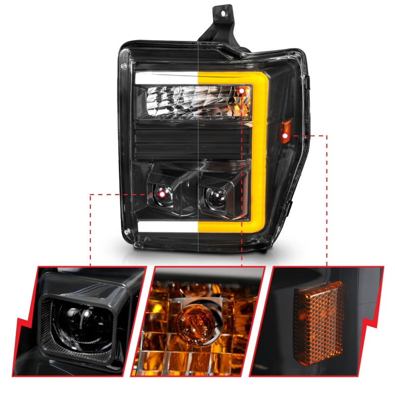ANZO 08-10 Ford F-250 - F-550 Super Duty Proyector Faros con barra de luz Switchback Carcasa negra