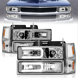 ANZO 88-98 Chevrolet C1500 Faros delanteros de cristal con barra de luz, carcasa cromada con marcadores laterales de señal, 8 piezas