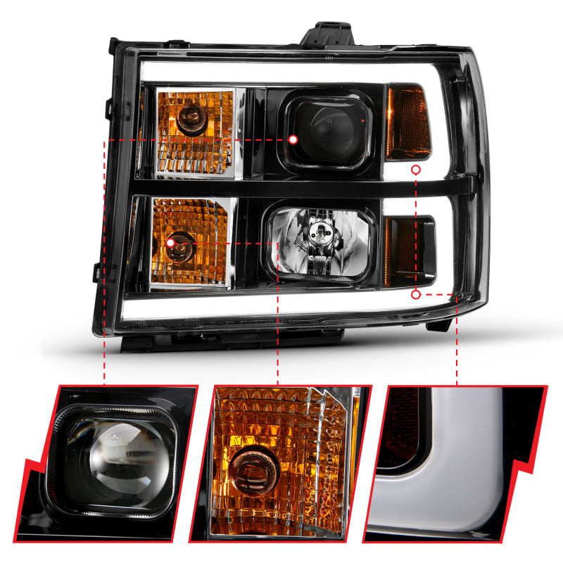 ANZO 2007-2013 Gmc Sierra 1500 Proyector Faro estilo tablón negro con lente transparente ámbar