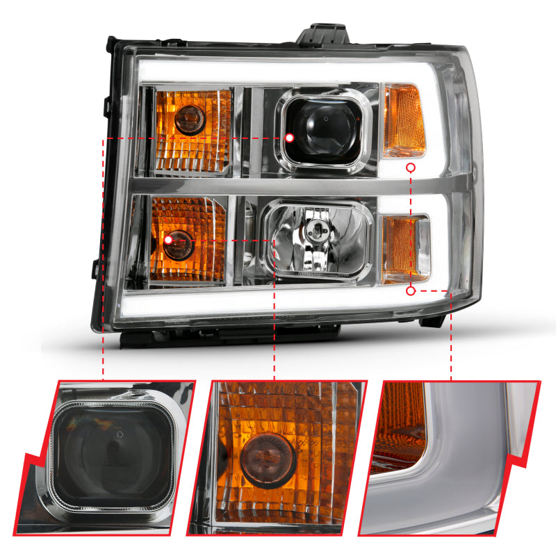 ANZO 2007-2013 Gmc Sierra 1500 Proyector Faro estilo tablón cromado con lente transparente ámbar