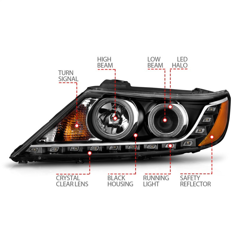 ANZO 2011-2013 Kia Sorento Faros delanteros con proyector con halo negro (CCFL)