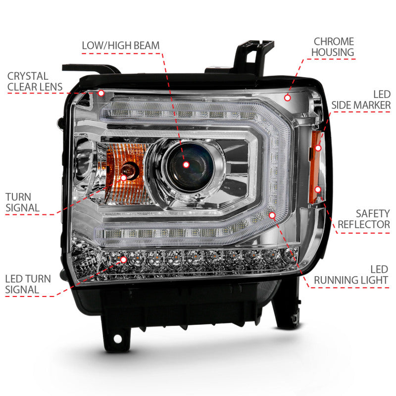 ANZO 2016-2019 Gmc Sierra 1500 Proyector Faro estilo tablón cromado con señal ámbar secuencial