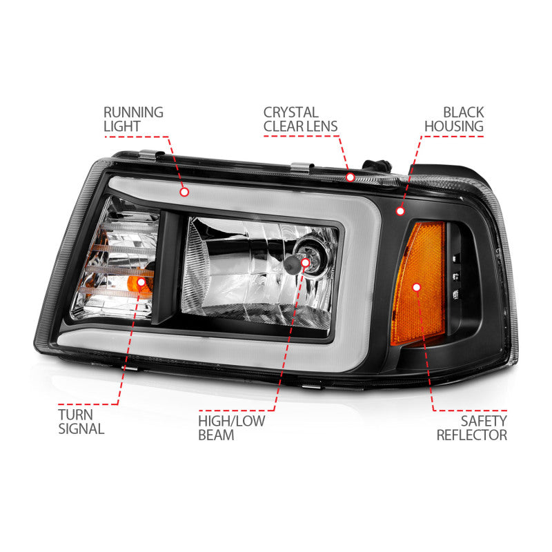 ANZO Faros delanteros de cristal para Ford Ranger 2001-2011 con barra de luz, carcasa negra