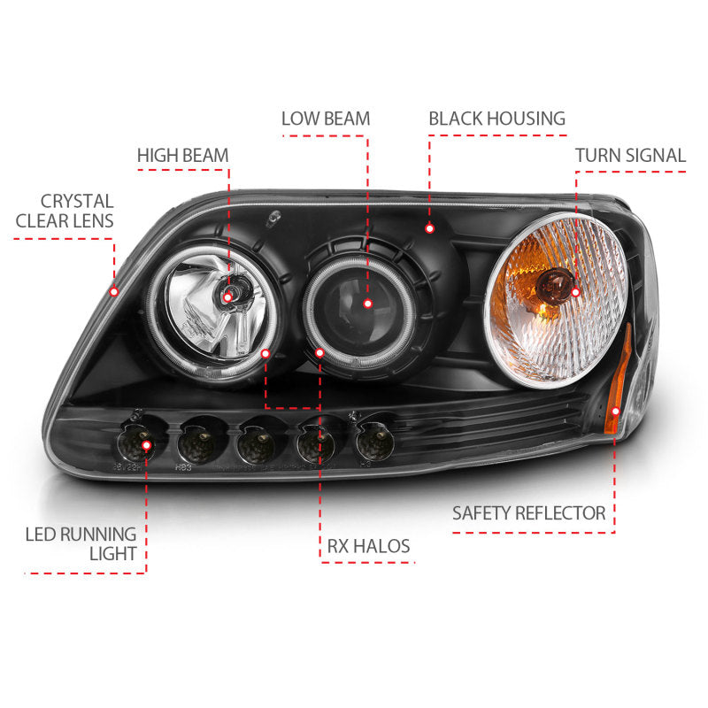 ANZO 1997-2003 Ford F-150 Faros delanteros con proyector con halo negro (CCFL)