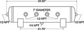 Tanque de aire Firestone de 5 galones y 7 pulgadas. x 34 pulgadas. (6) 1/2 pulg. Puertos NPT 150 PSI máx. - Negro (WR17609248)