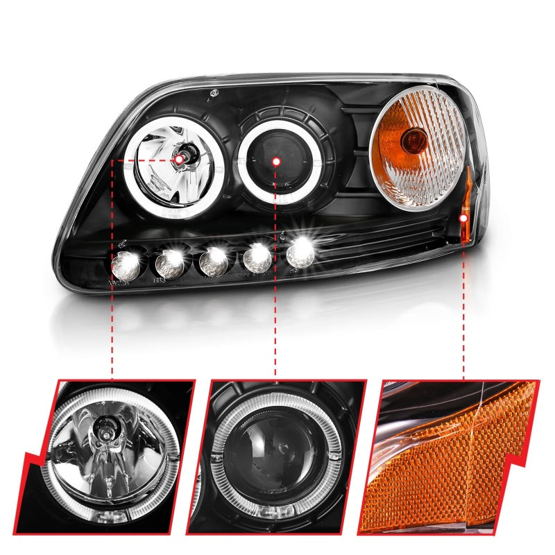 ANZO 1997.5-2003 Ford F-150 Faros delanteros proyectores con halo y LED negro 1 pieza