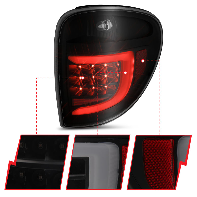 ANZO 2004-2007 Dodge Grand Caravan luces traseras LED con barra de luz, carcasa negra, lente ahumada
