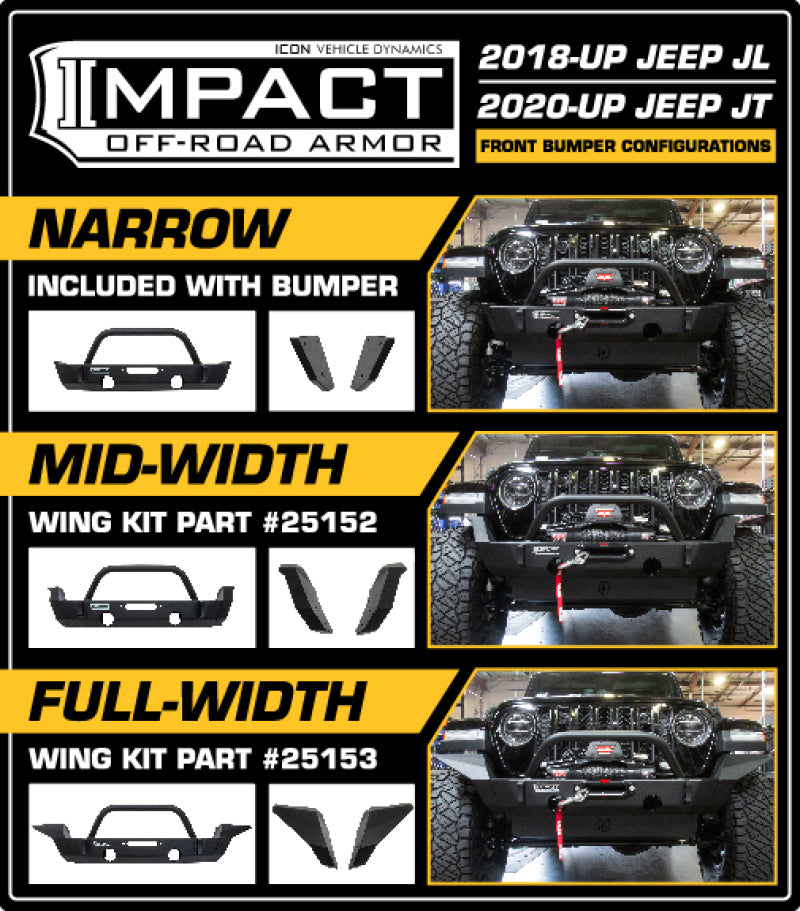 ICON 2018+ Jeep Wrangler JL / 2020+ JT Parachoques delantero de impacto Alas de ancho medio