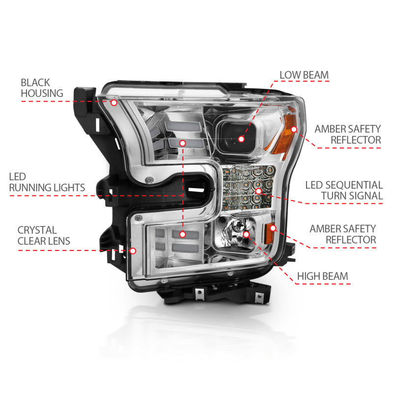 Faros delanteros ANZO 15-17 Ford F-150 Proj con diseño estilo tablón cromados con señal de giro secuencial ámbar
