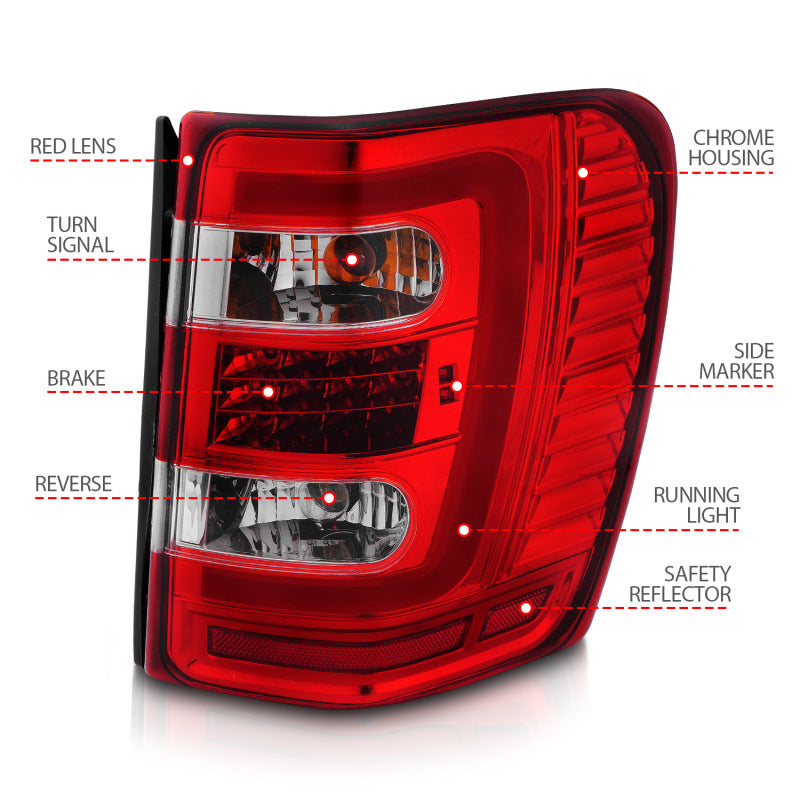 ANZO 1999-2004 Jeep Grand Cherokee luces traseras LED con barra de luz, carcasa cromada, lente roja/transparente