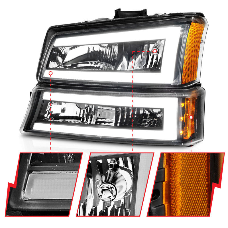 ANZO 2003-2006 Chevrolet Silverado 1500 Faros delanteros de cristal con barra de luz, carcasa negra