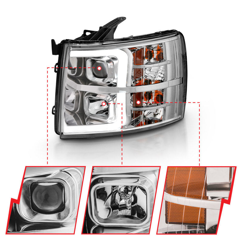 ANZO 2007-2013 Chevy Silverado 1500 Proyector estilo tablón cromado ámbar