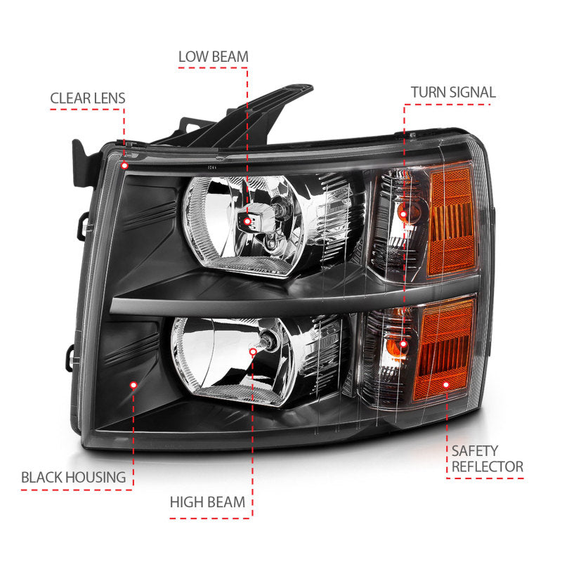 ANZO 2007-2013 Chevrolet Silverado Faros delanteros de cristal, color negro