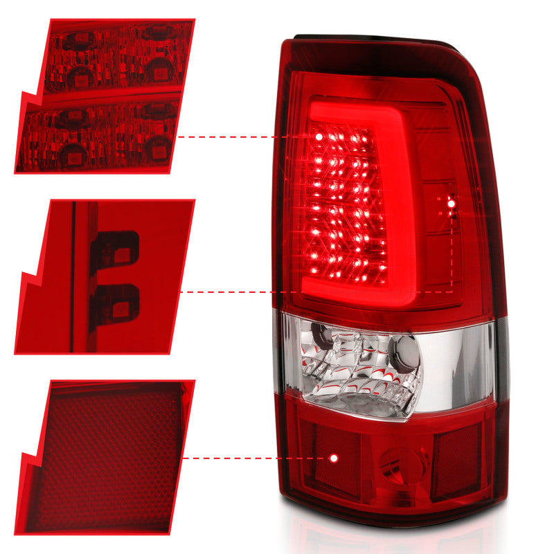 ANZO 1999-2002 Chevy Silverado 1500 luces traseras LED estilo tablón cromadas con lente roja/transparente