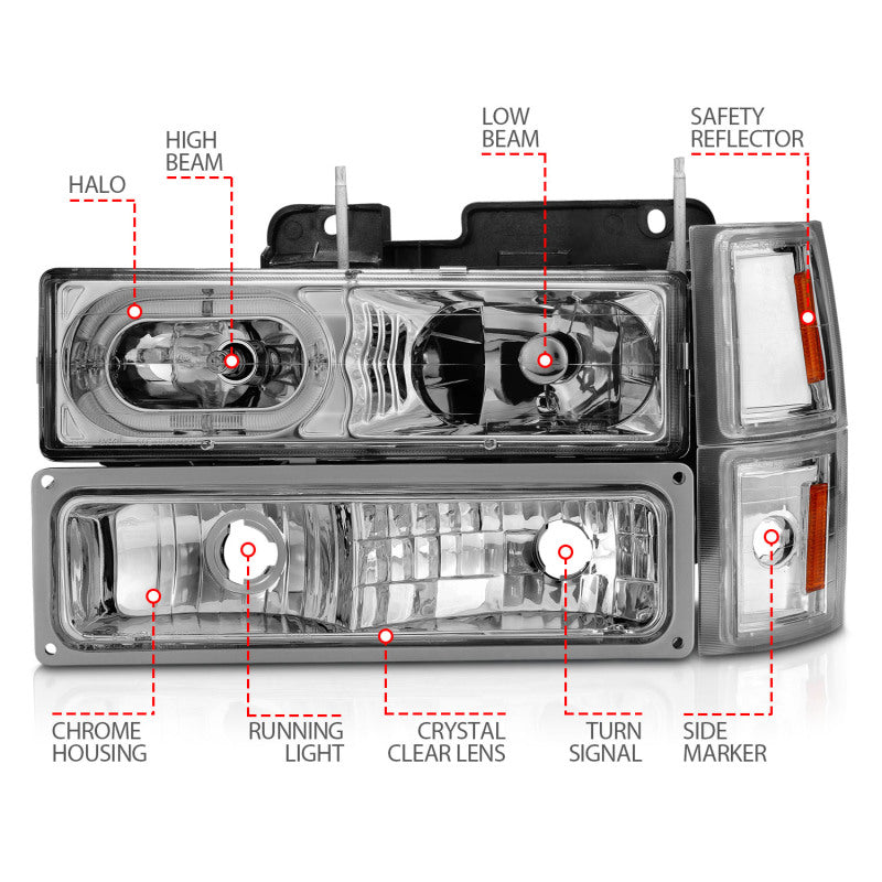 ANZO 88-98 Chevrolet C1500 Faros delanteros de cristal con carcasa cromada con luces de señal y de posición laterales