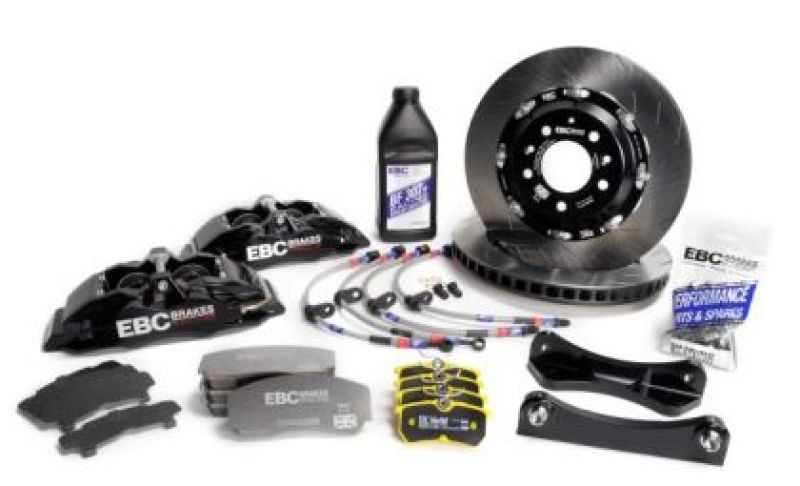EBC Racing 12-19 BMW Serie 3 (F30/F31/F34) Pinzas Apollo-4 negras Rotores de 355 mm Kit de freno delantero grande