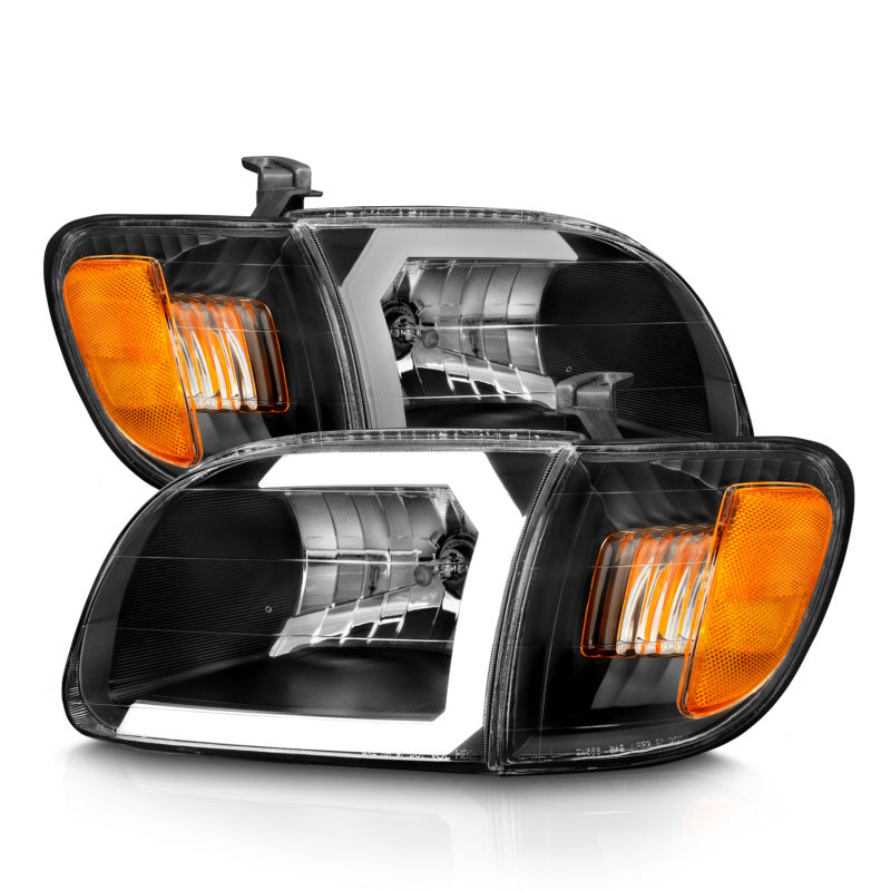ANZO 00-04 Toyota Tundra (solo compatible con cabina Reg/Acc) Faros delanteros de cristal con barra de luz negra con luz de esquina