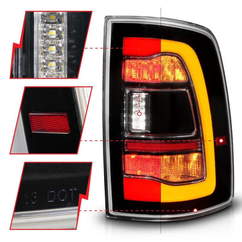 ANZO 09-18 Dodge Ram 1500 Luces traseras LED secuenciales negras con señal ámbar de retroceso