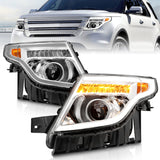ANZO 11-15 Faros delanteros proyectores Ford Explorer con barra de luz, carcasa cromada con luz ámbar