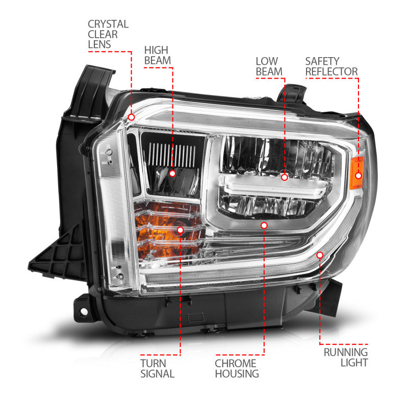 ANZO 2014-2021 Toyota Tundra Faros delanteros LED de cristal con carcasa cromada Switchback con DRL