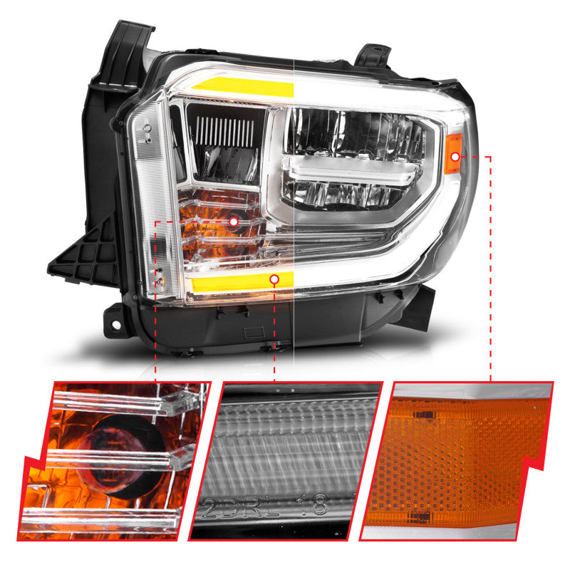 ANZO 2014-2021 Toyota Tundra Faros delanteros LED de cristal con carcasa cromada Switchback con DRL