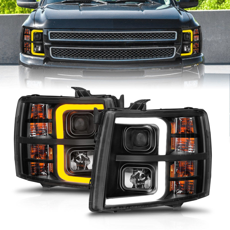 ANZO 2007-2013 Chevrolet Silverado 1500 Proyector con barra de luz, carcasa negra con secuencial