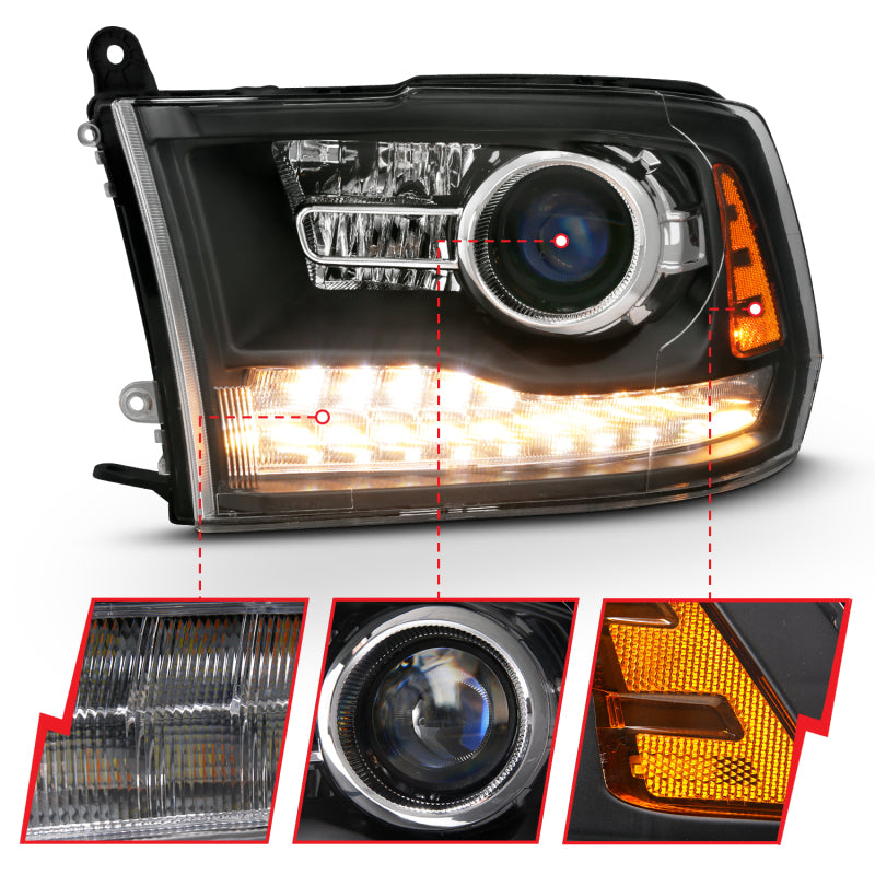 ANZO 2009-2018 Dodge Ram 1500 Proyector Faros delanteros estilo tablón Halo con interruptor negro mate