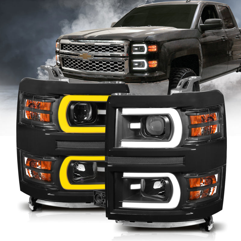 ANZO 14-15 Chevrolet Silverado 1500 Faros delanteros proyectores con interruptor estilo tablón negro con ámbar