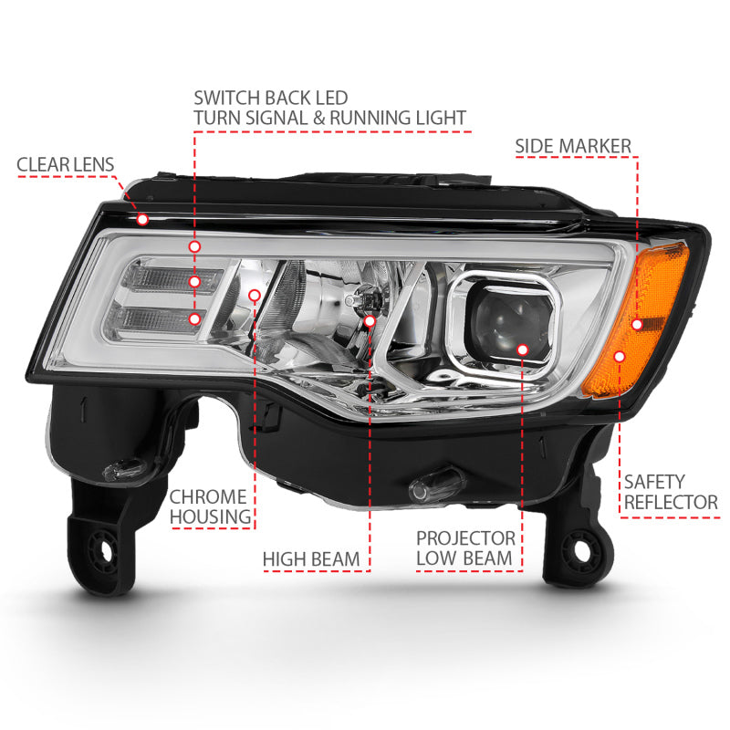 ANZO Faros delanteros tipo proyector para Jeep Grand Cherokee 2017-2018 con interruptor estilo tablón - Cromado con ámbar
