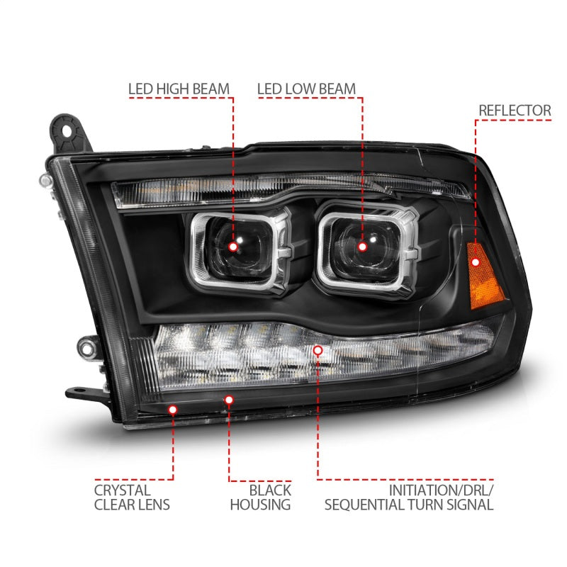 ANZO 09-18 Dodge Ram 1500/2500/3500 Faros delanteros LED completos con barra de luz de retroceso - Negro