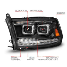 Cargar imagen en el visor de la galería, ANZO 09-18 Dodge Ram 1500/2500/3500 Faros delanteros LED completos con barra de luz de retroceso - Negro