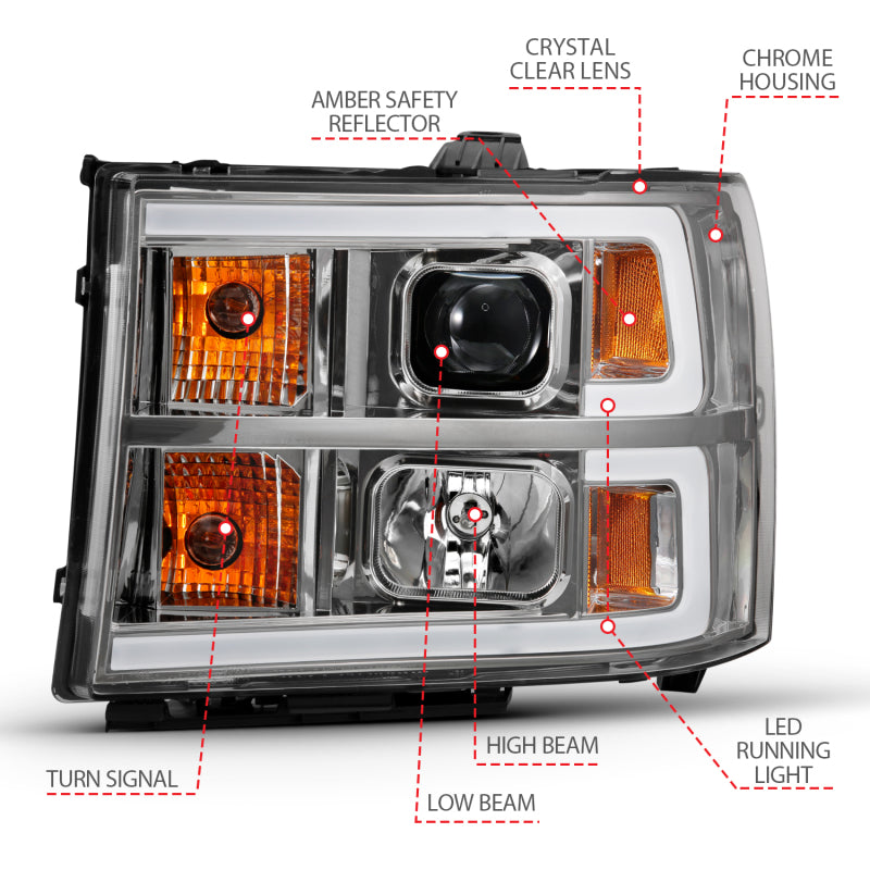 ANZO 2007-2013 Gmc Sierra 1500 Proyector Faro estilo tablón cromado con lente transparente ámbar