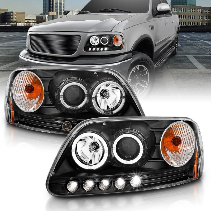 ANZO 1997.5-2003 Ford F-150 Faros delanteros proyectores con halo y LED negro 1 pieza