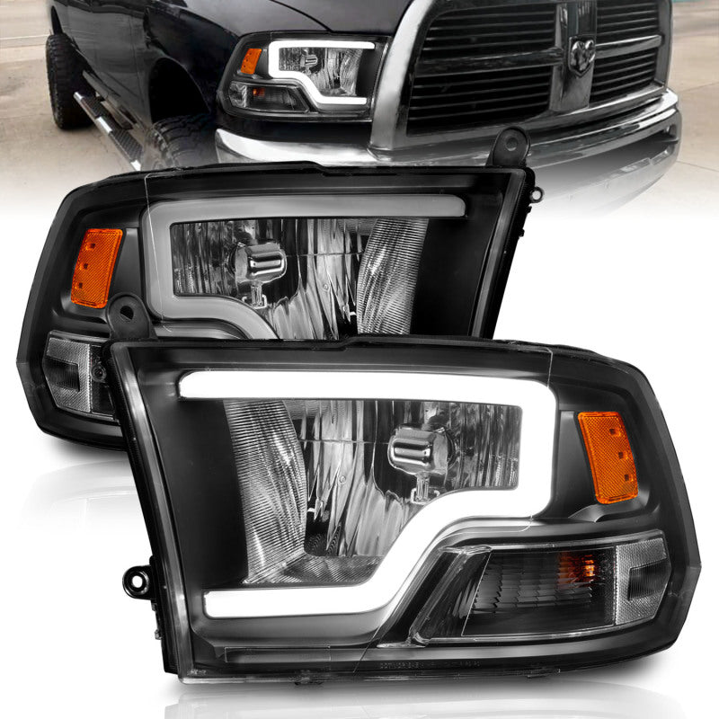 ANZO 2009-2018 Dodge Ram 1500 Faros delanteros de cristal con barra de luz, carcasa negra