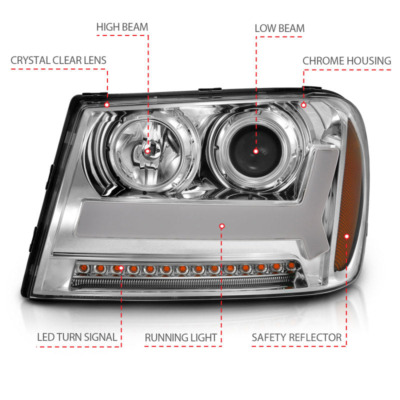 ANZO 2006-2009 Chevrolet Trailblazer Proyector Faros delanteros con diseño estilo tablón cromado con ámbar