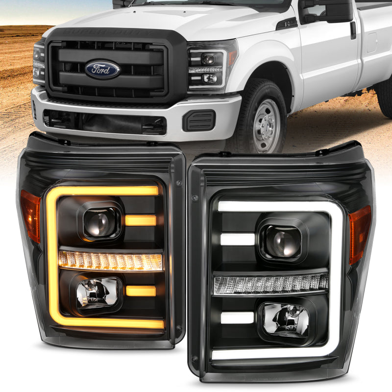 ANZO 2011-2016 Ford F250 Faros delanteros proyectores con estilo de tablón Switchback negro con ámbar