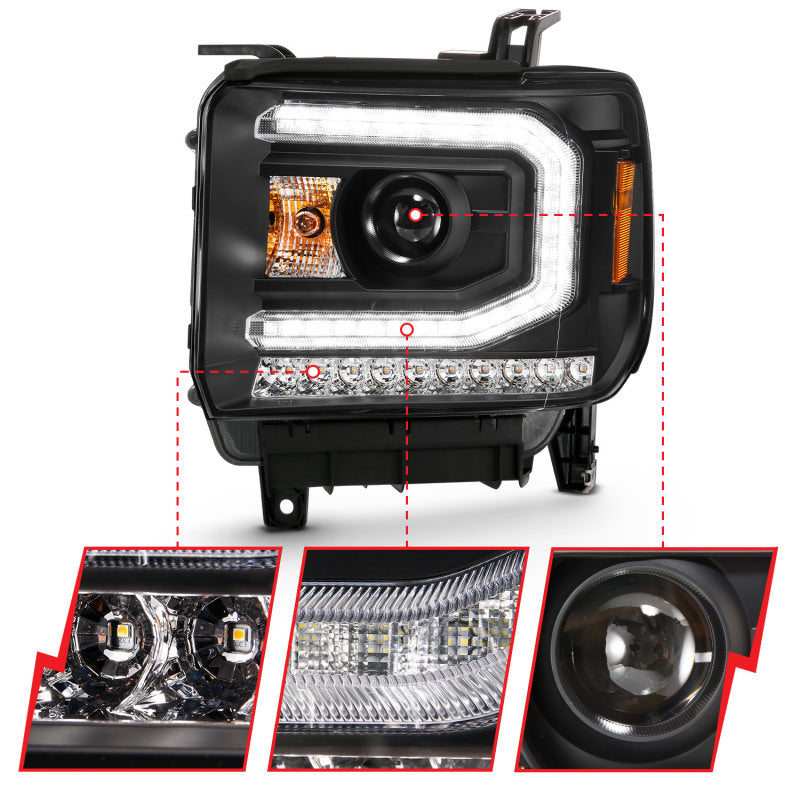 ANZO 2016-2019 Gmc Sierra 1500 Proyector Faro estilo tablón negro con señal ámbar secuencial