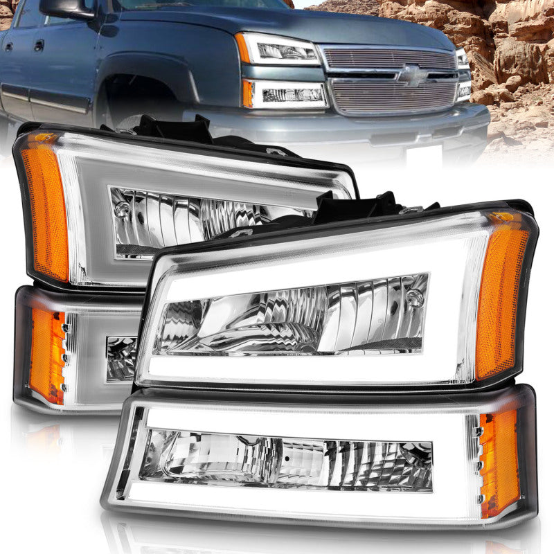 ANZO 2003-2006 Chevrolet Silverado 1500 Faros delanteros de cristal con barra de luz y carcasa cromada