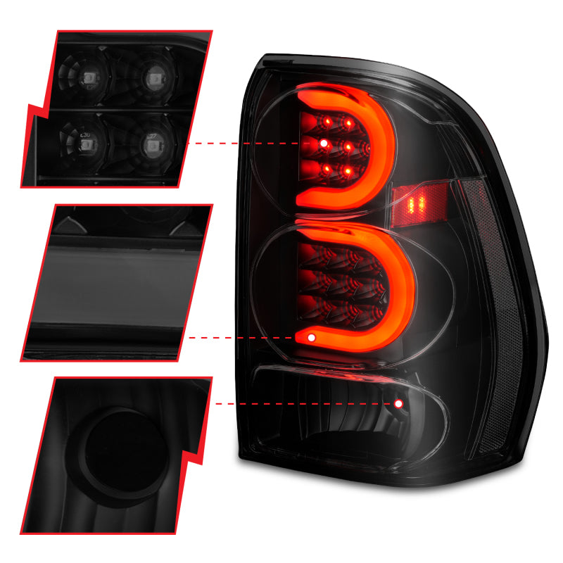 ANZO 2002-2009 Chevrolet Trailblazer luces traseras LED con barra de luz, carcasa negra, lente ahumada