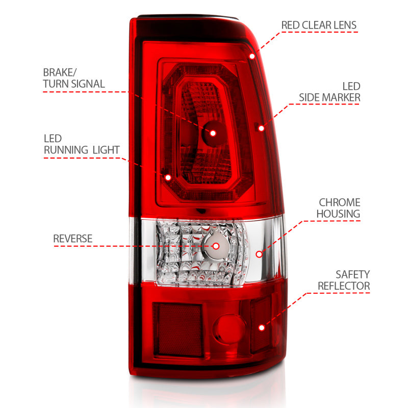 ANZO 1999-2002 Chevy Silverado 1500 luces traseras LED estilo tablón cromadas con lente roja/transparente